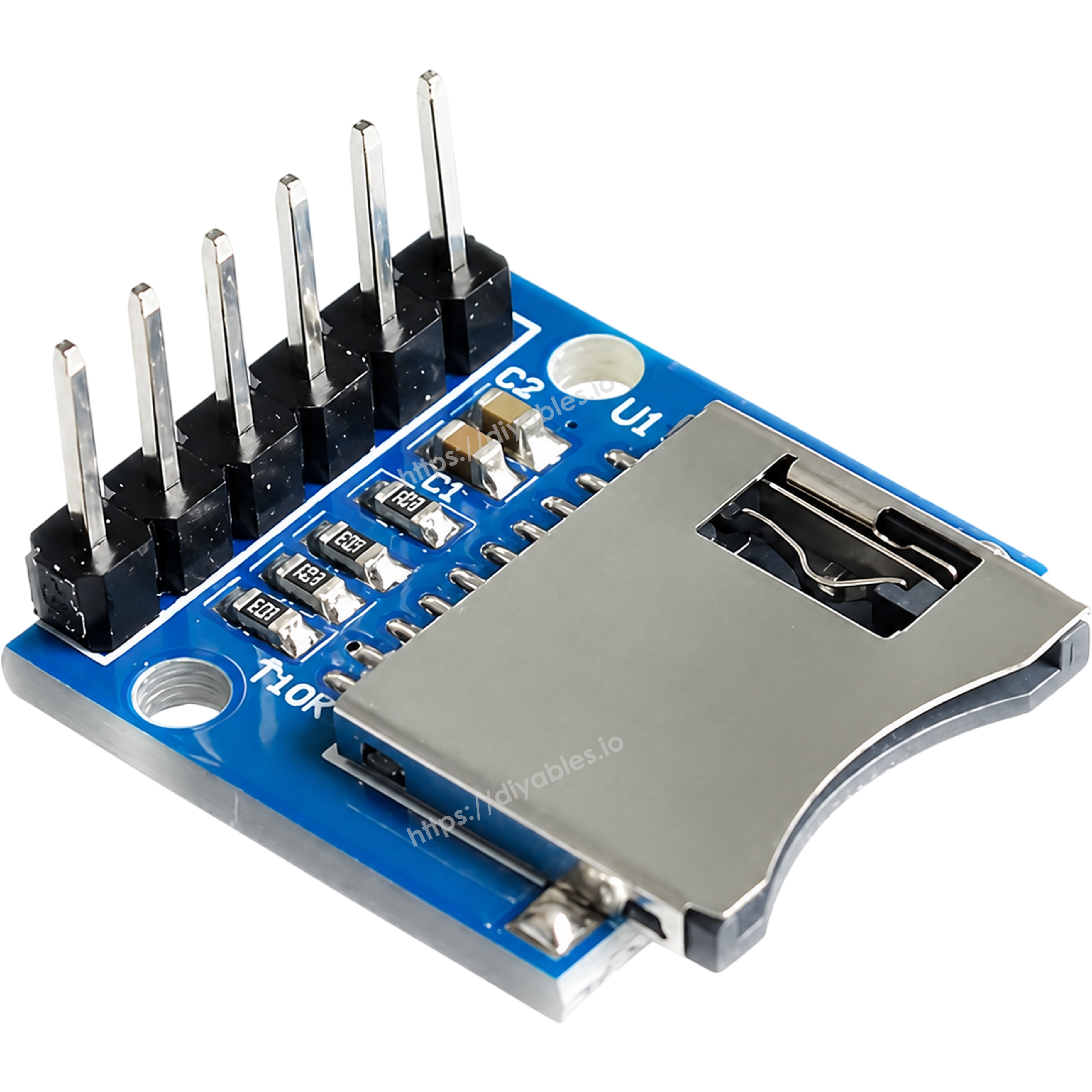 Micro SD TF card module angled view with pop up card socket and presoldered header