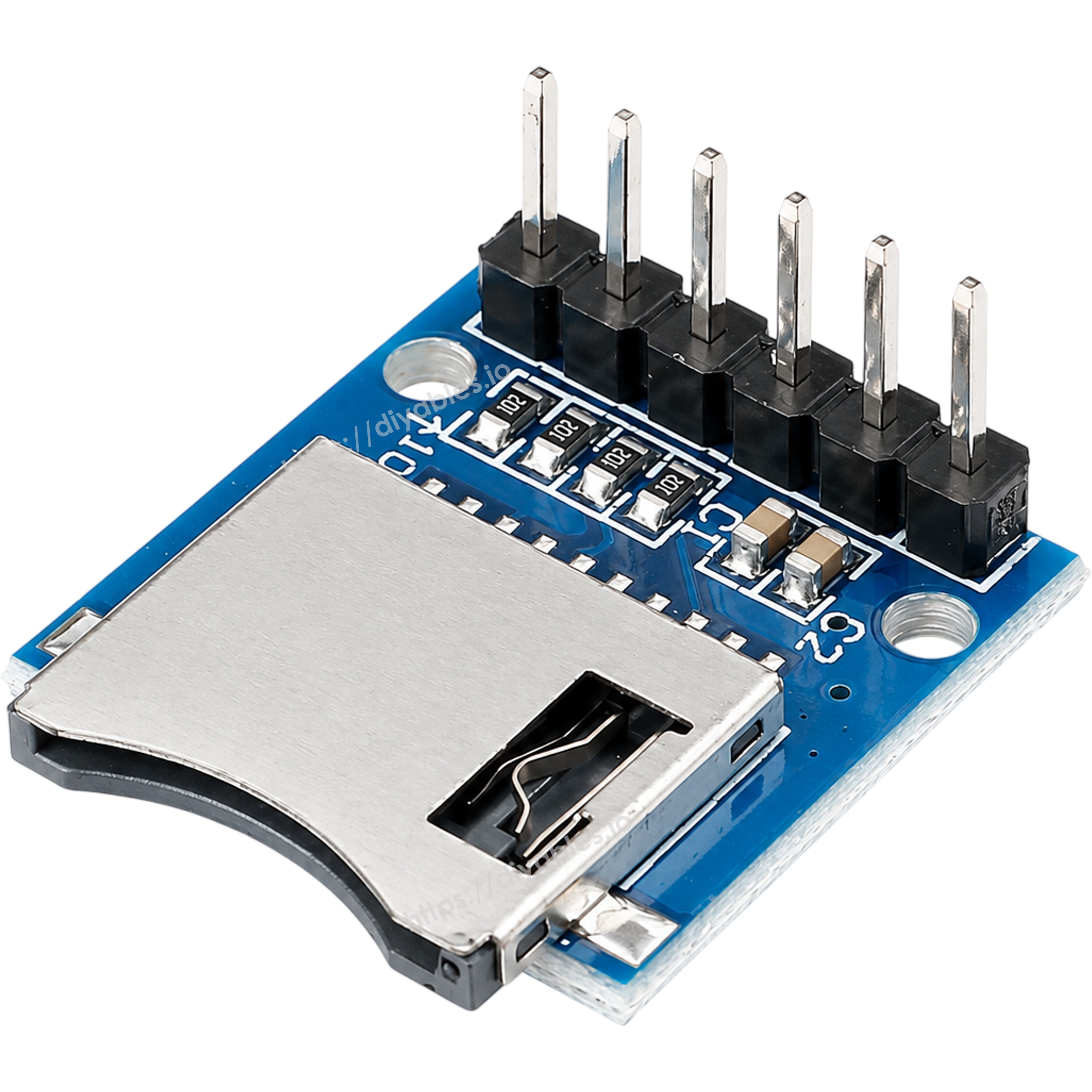 Micro SD card reader module showing microSD socket resistors and six pin male header