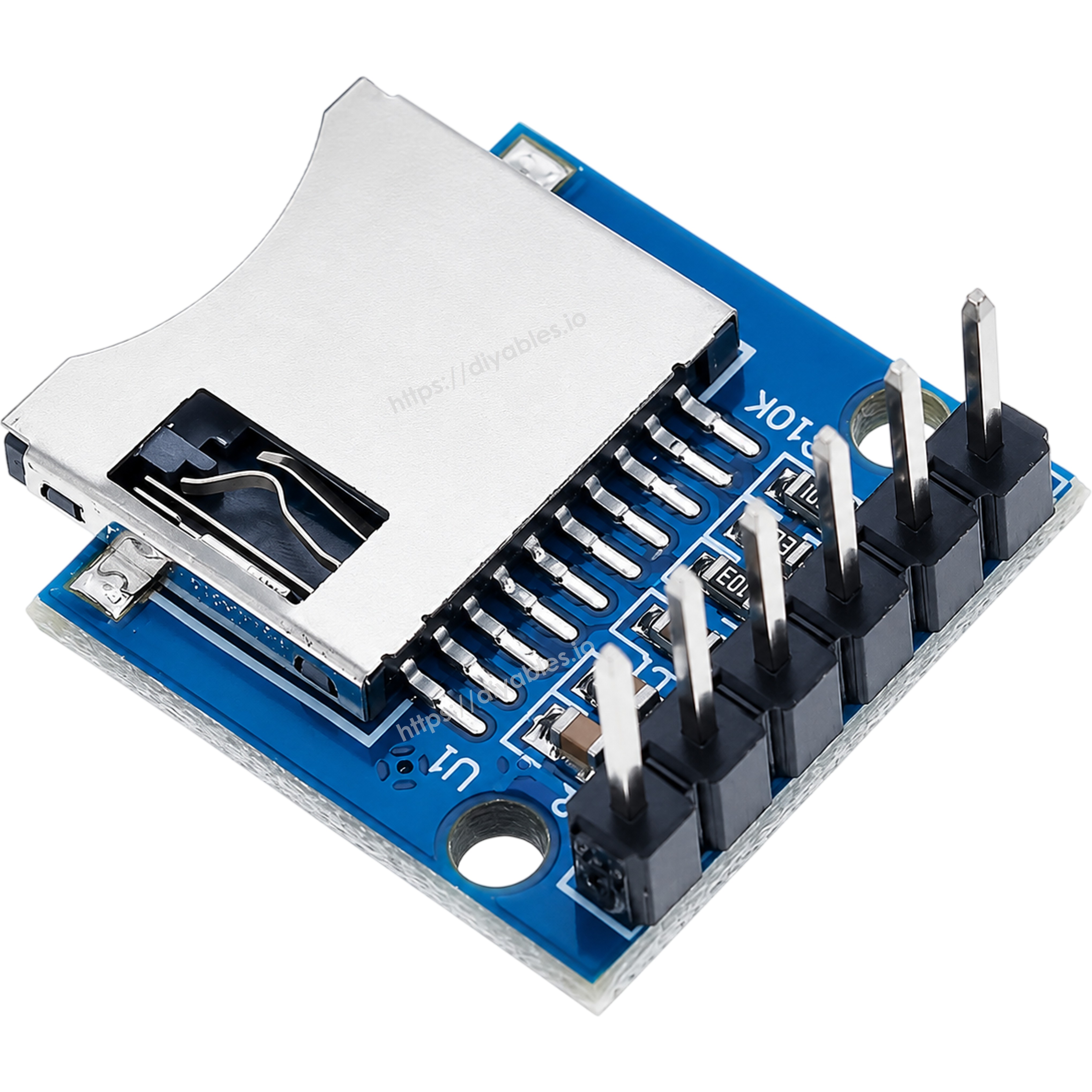 Micro SD TF card module angled view of card slot and breakout pins