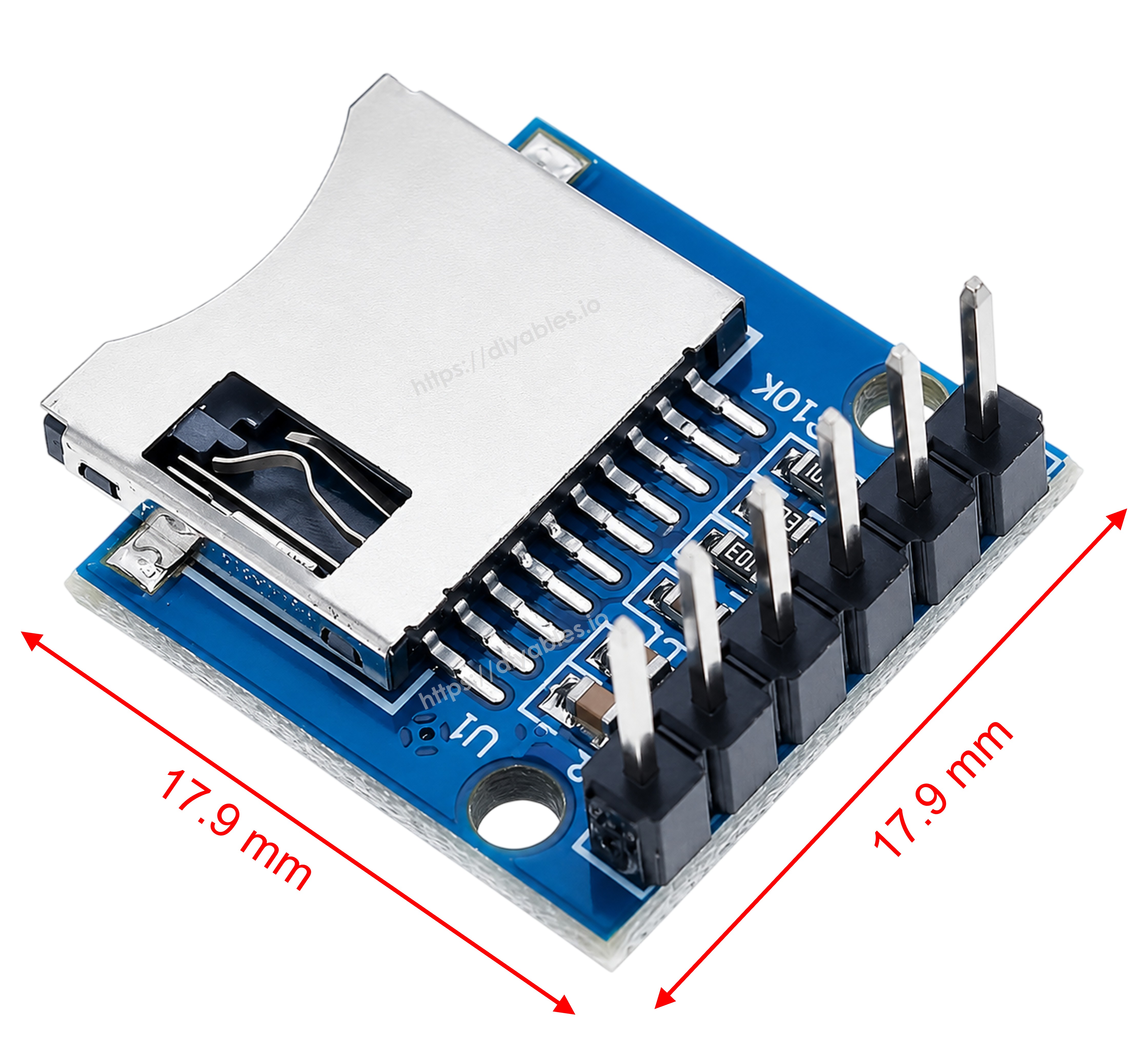 Micro SD TF card module dimensions of 17.9mm by 17.9mm with card socket