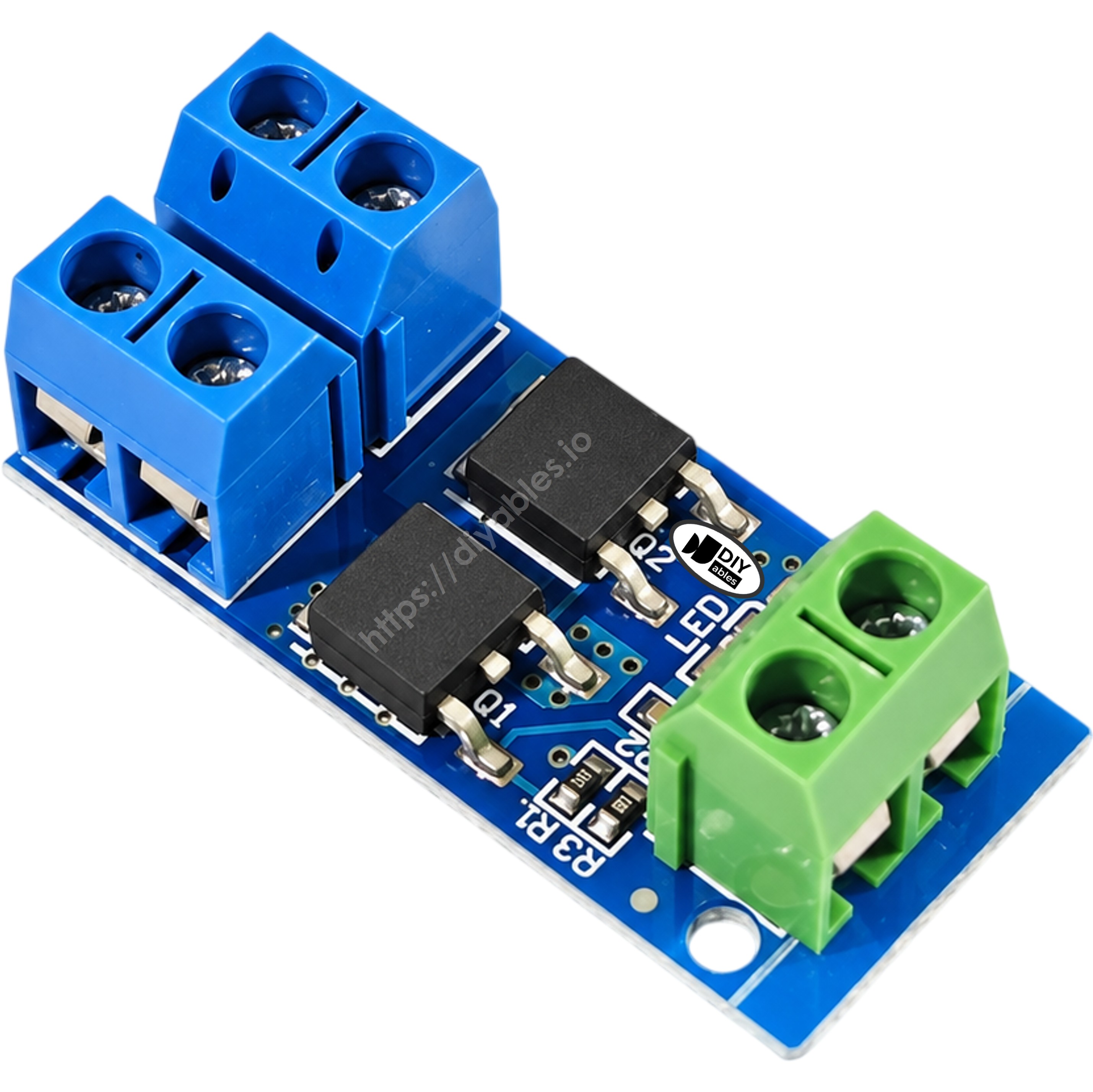 High power MOSFET driver board 15A 400W angled view showing MOSFETs and terminal blocks