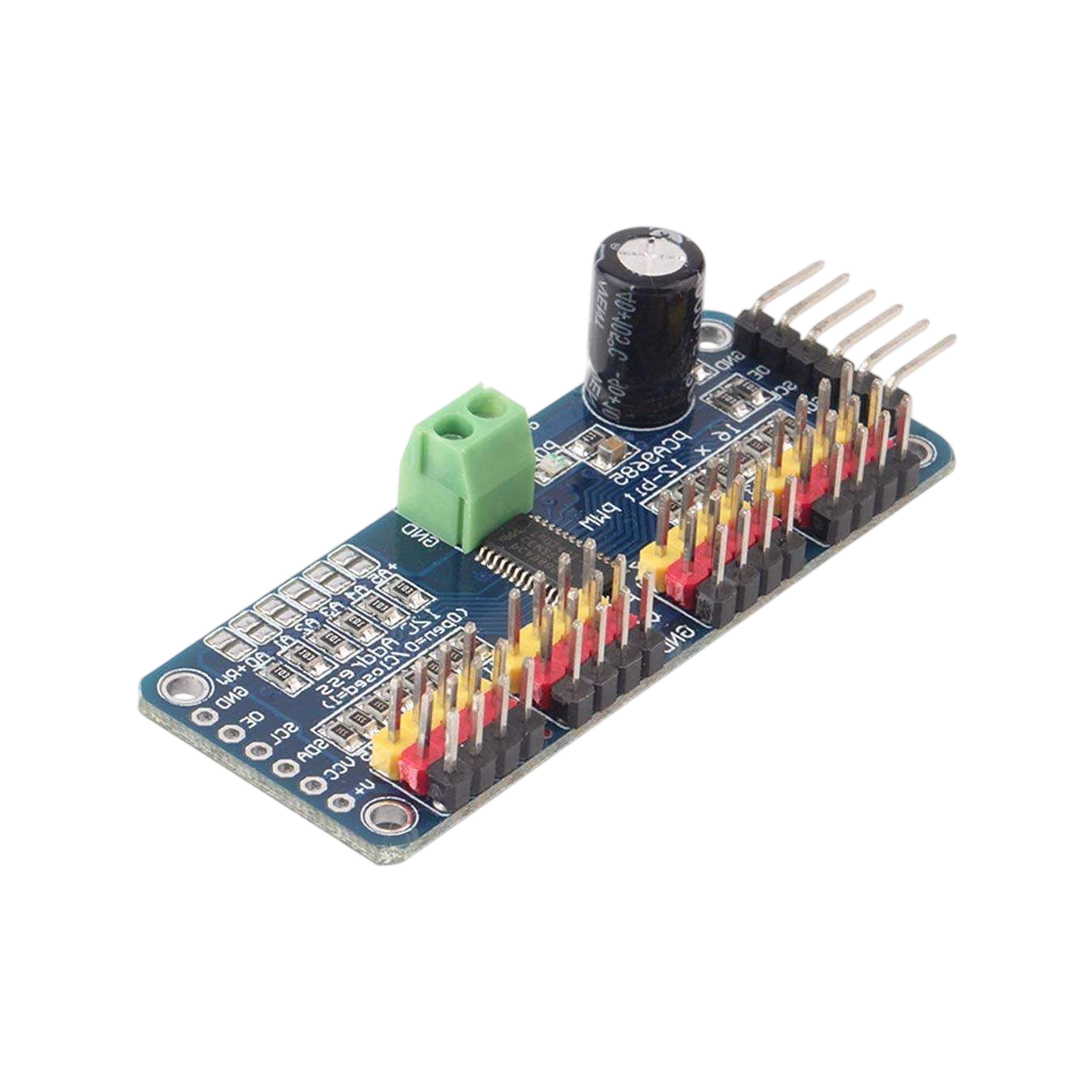 16 channel servo driver module showing PCA9685 chip and connector groups