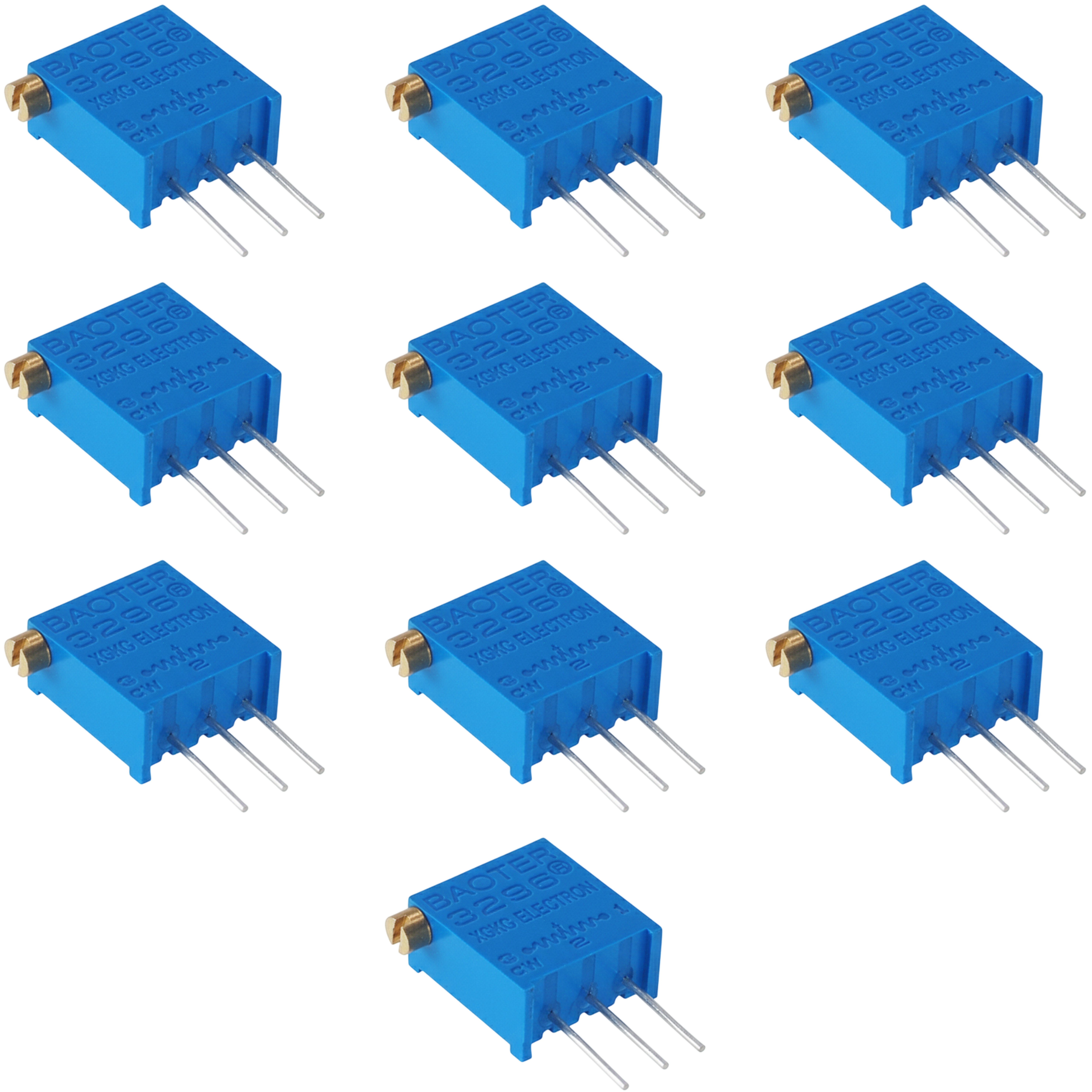 Ten 3296 side adjust trimmer potentiometers included in the 10 piece pack