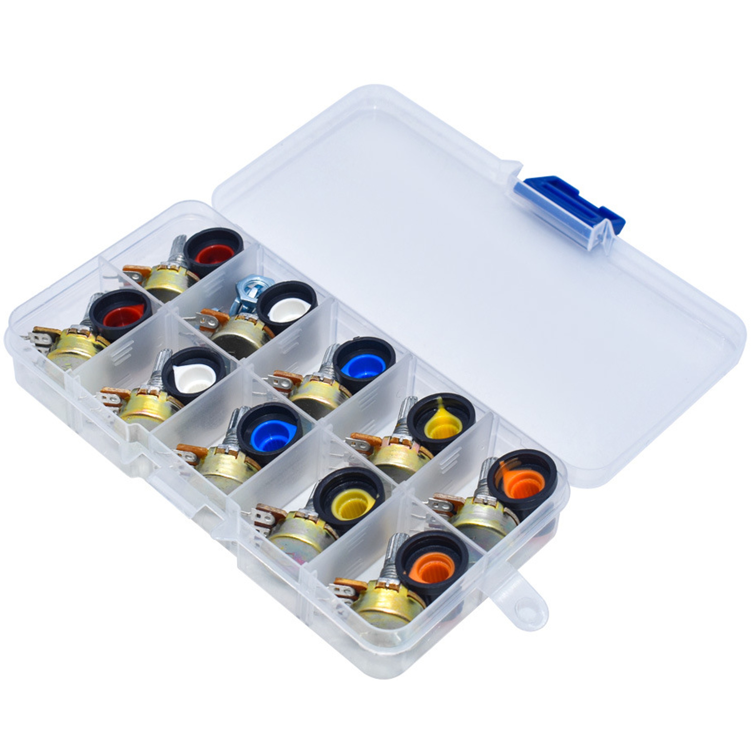 Potentiometer collection showing different resistance values 1K 2K 5K 10K through 1M Ohm