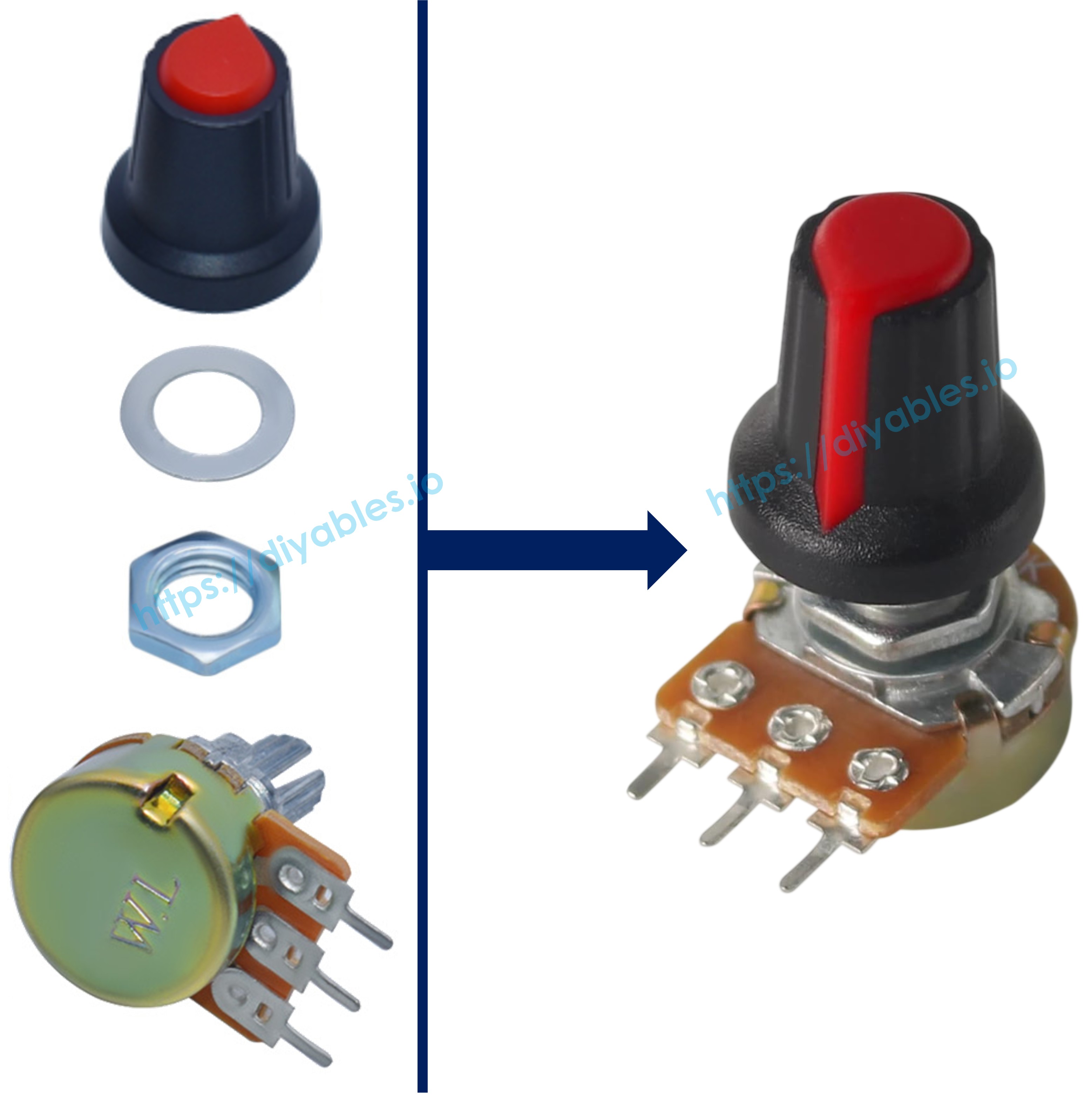Potentiometer kit organized set with labeled resistances and installation knobs