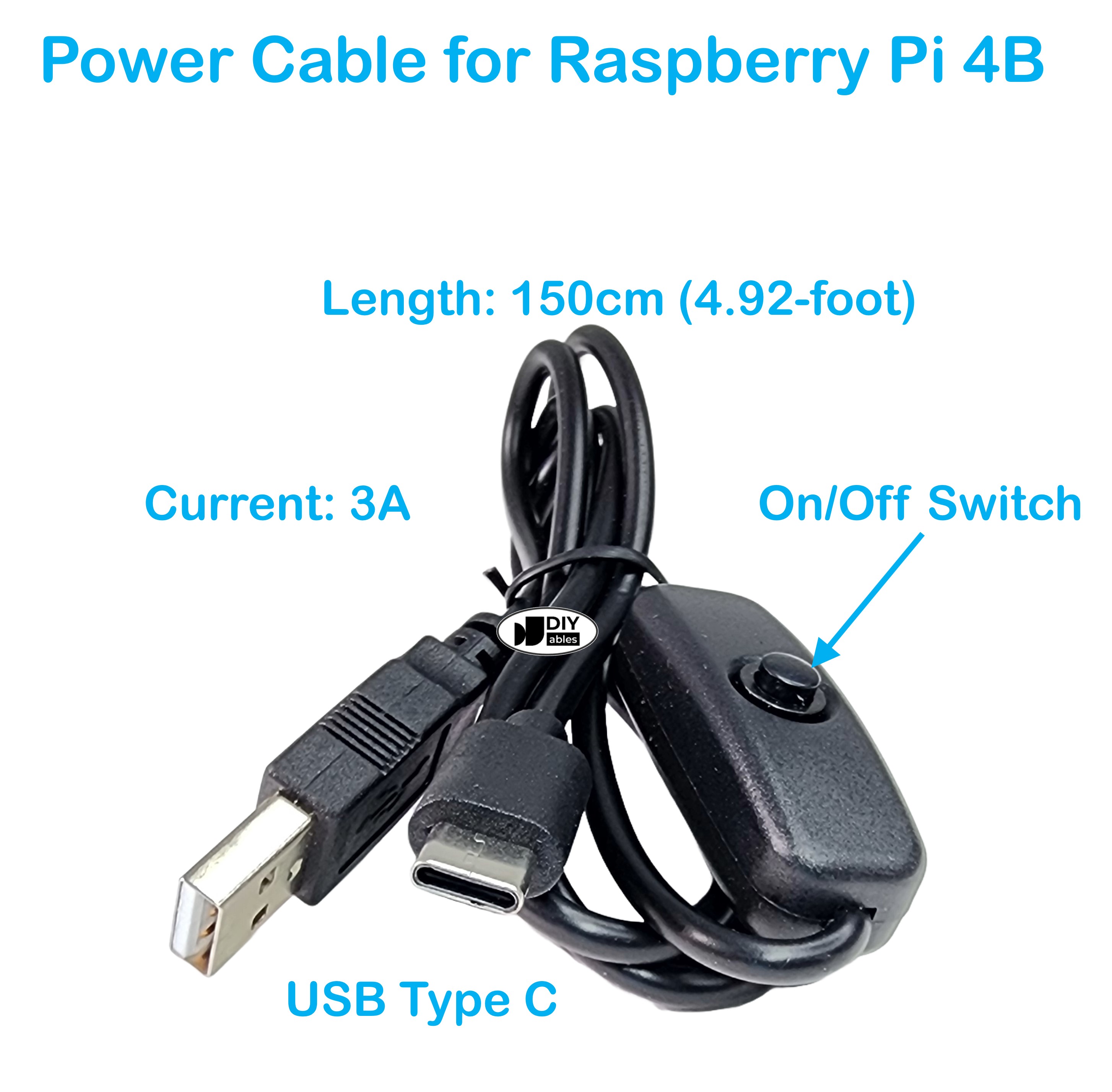 USB Power Cable with On/Off Switch for Raspberry Pi 4B