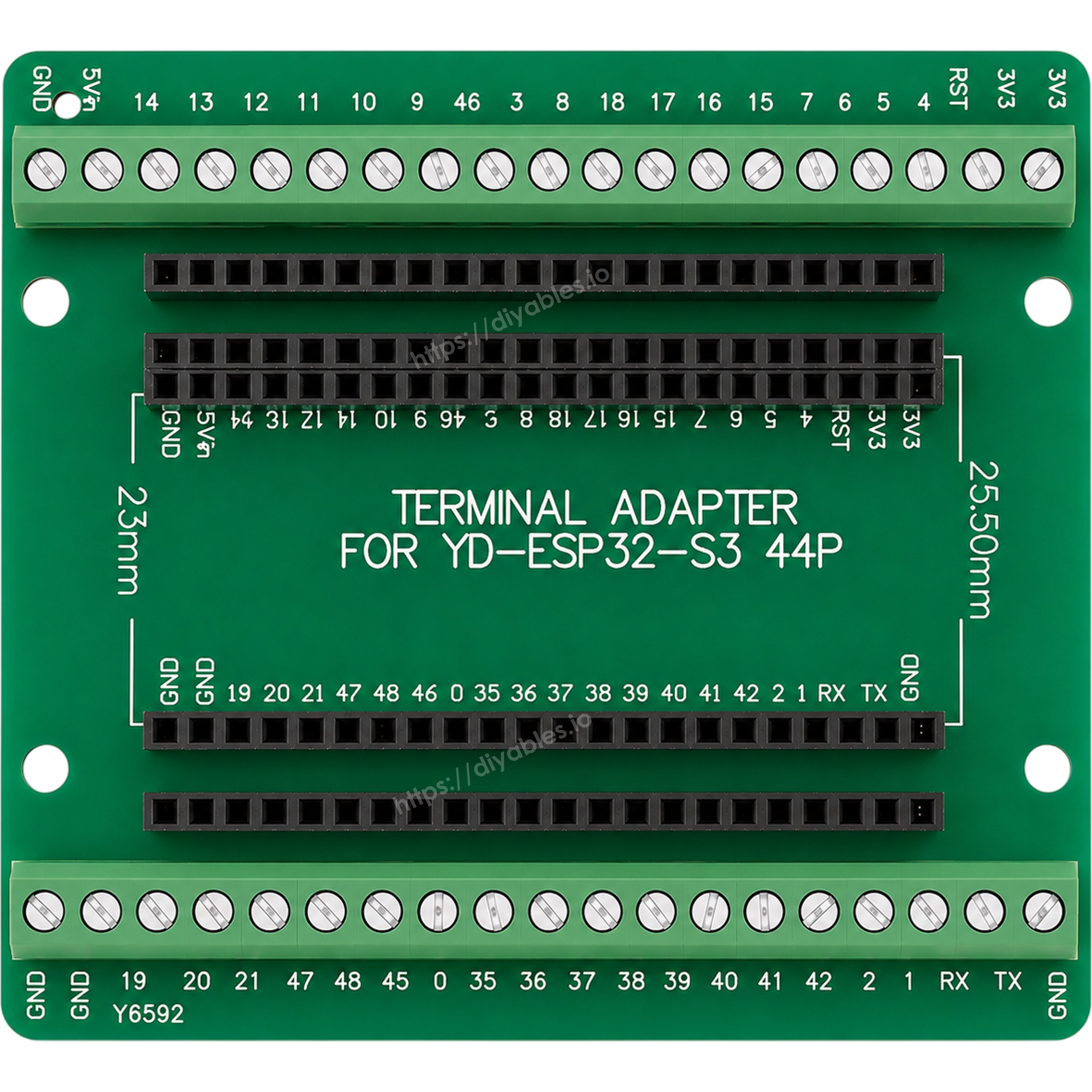 Top view of the ESP32-S3 44 pin screw terminal adapter with every pin labeled beside its terminal