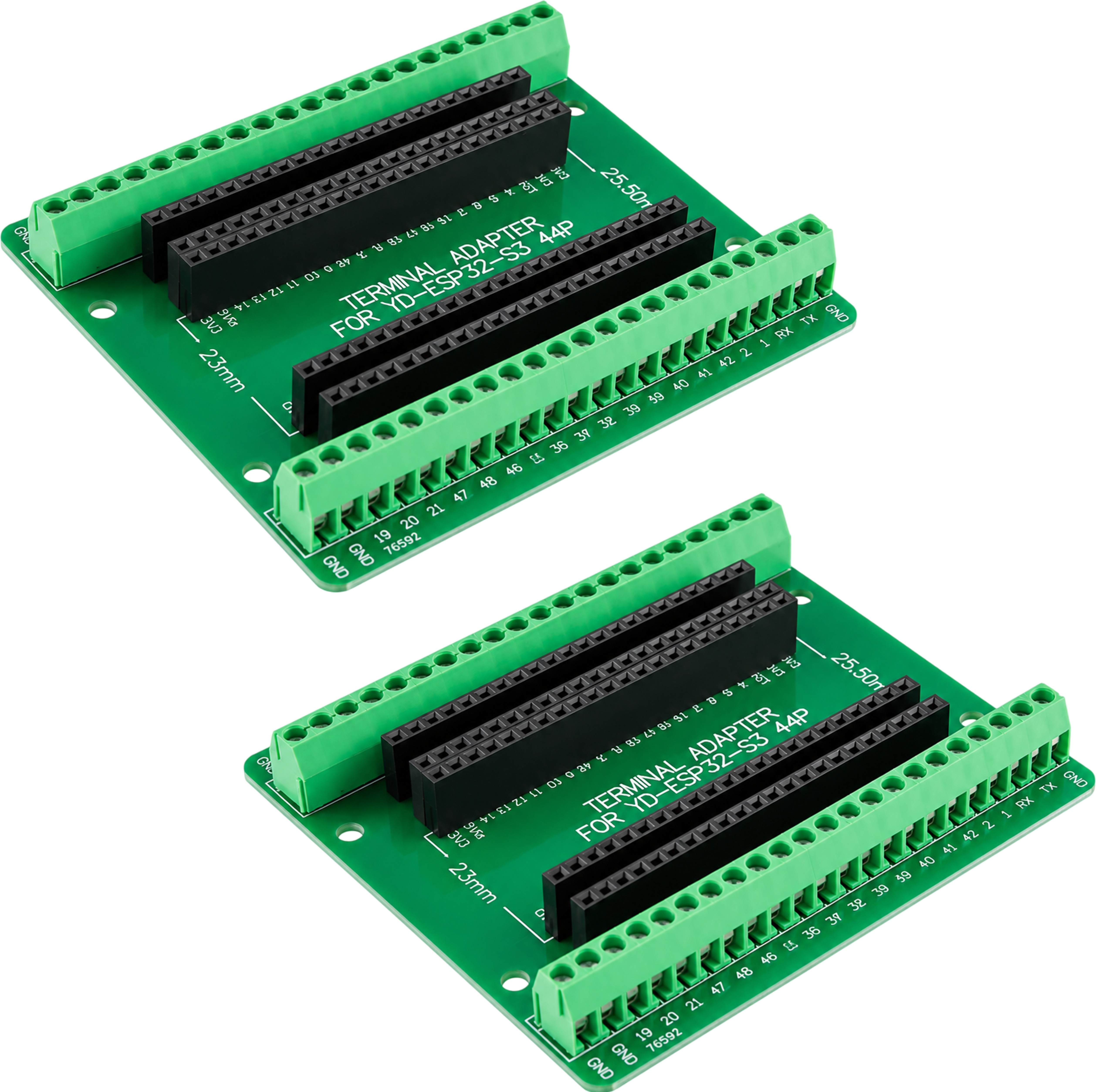 Two ESP32-S3 44 pin screw terminal expansion board adapters included in the package
