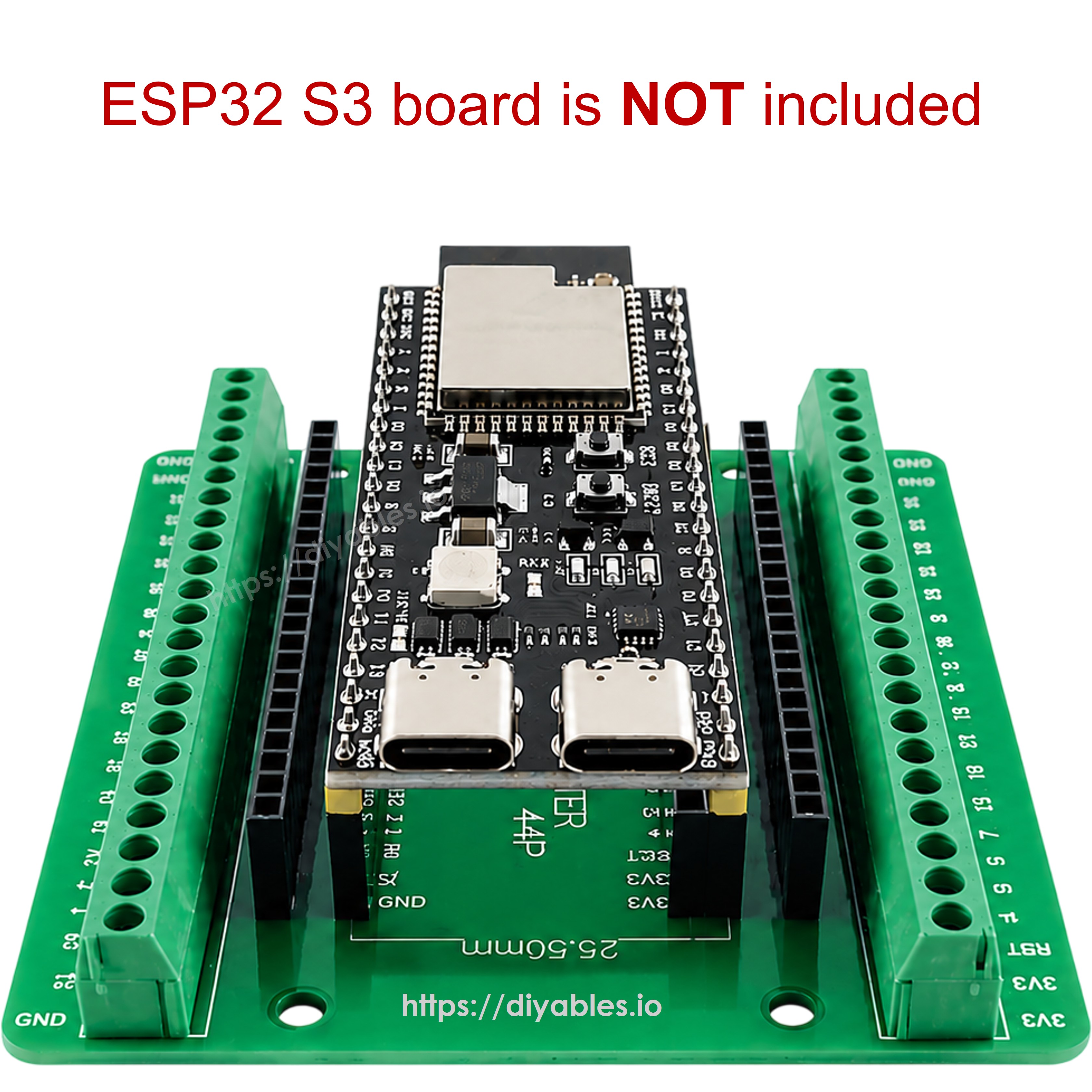 ESP32-S3 44 pin development board seated in the screw terminal adapter sockets, board not included