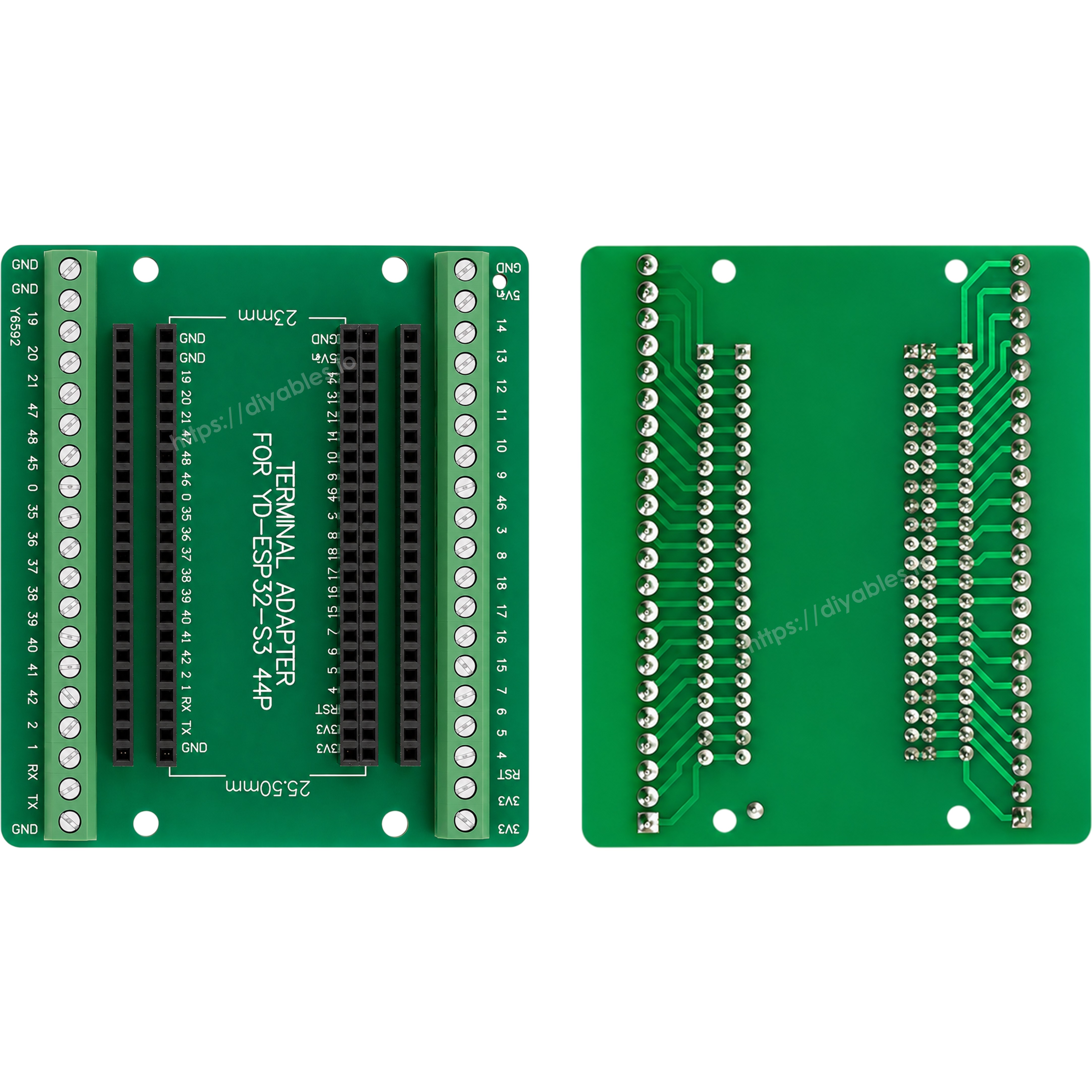 Front and back of the ESP32-S3 screw terminal adapter showing terminal blocks and PCB traces