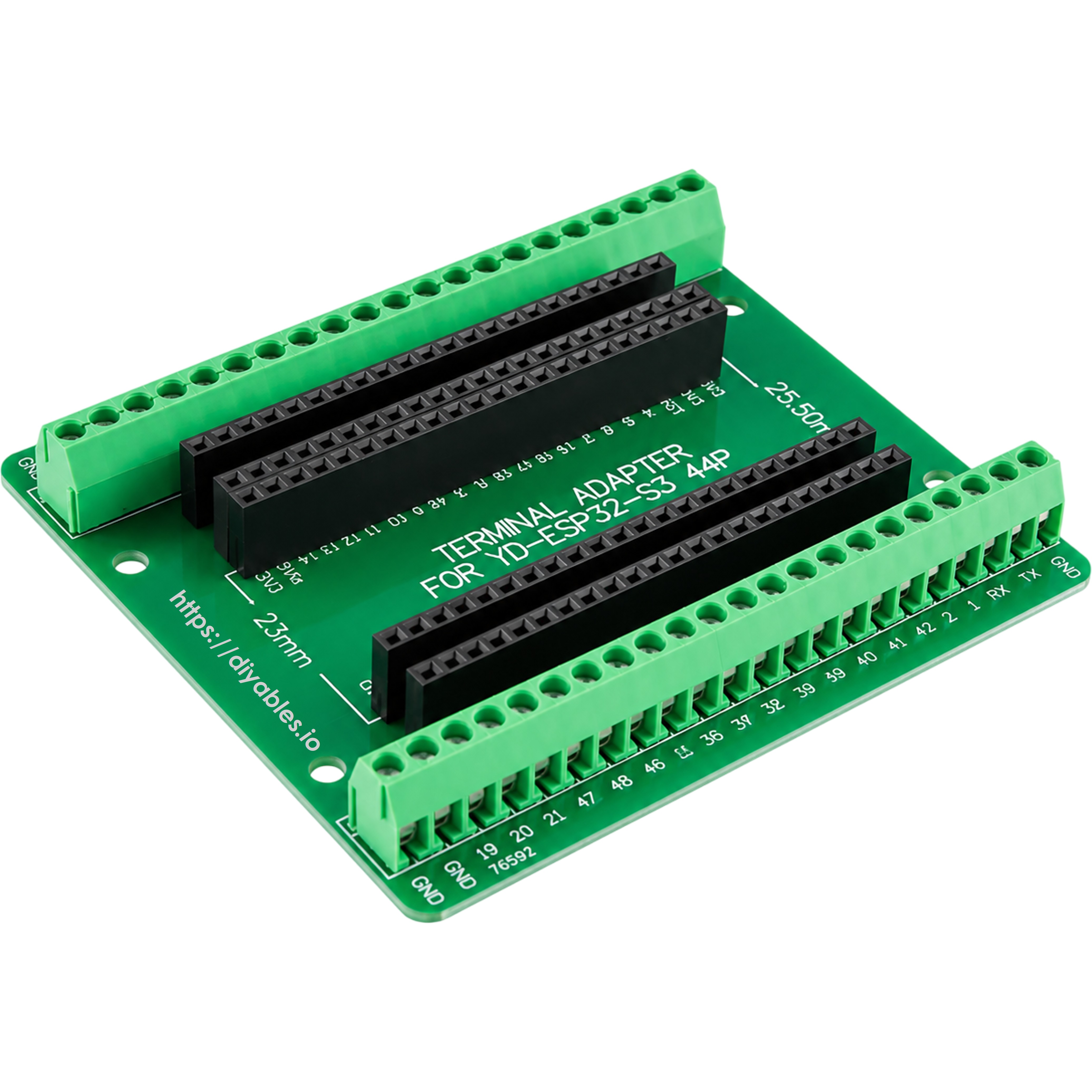 Angled view of the screw terminal adapter showing green terminal blocks and dual female headers