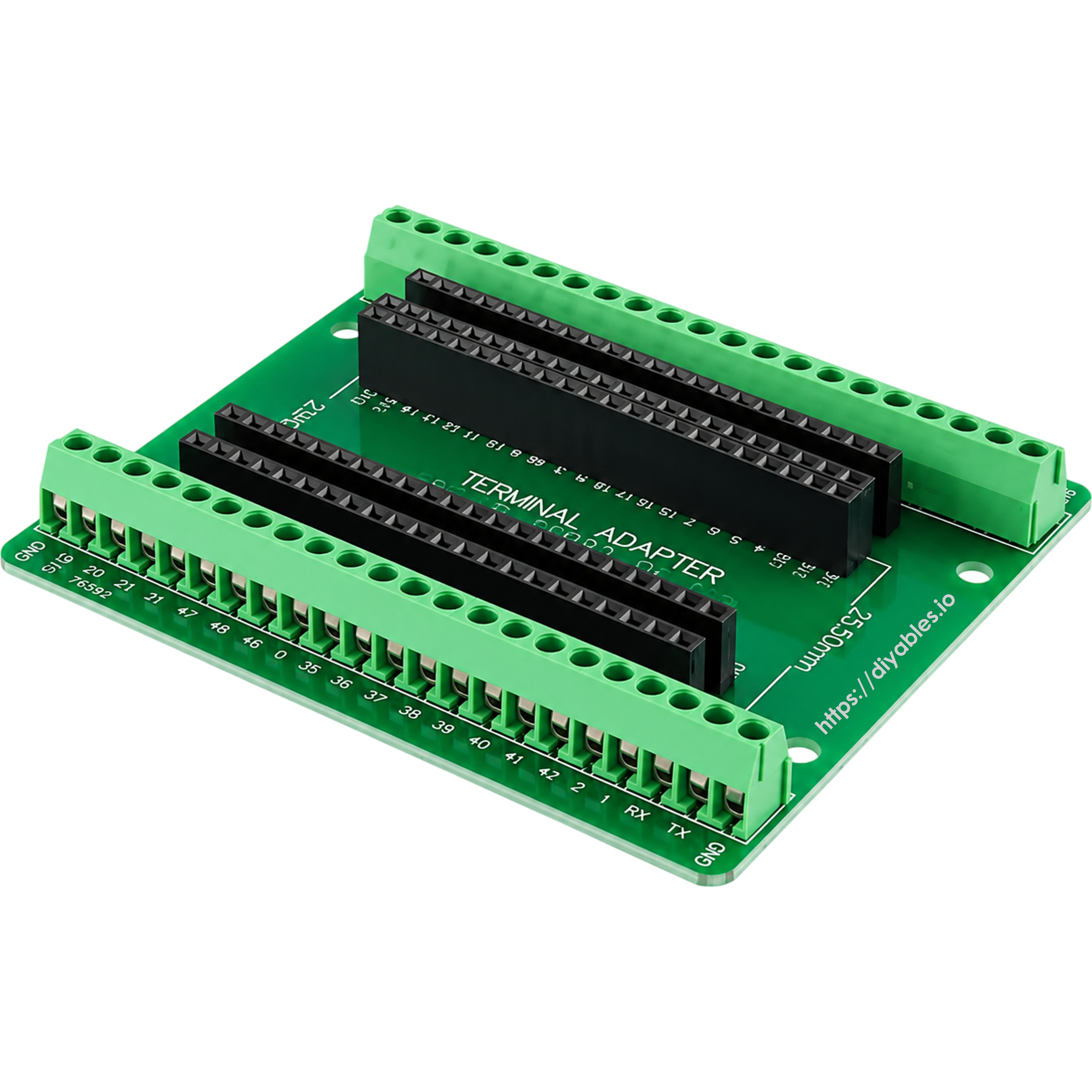 Screw terminal adapter for ESP32-S3 seen from the opposite angle with all terminal rows visible