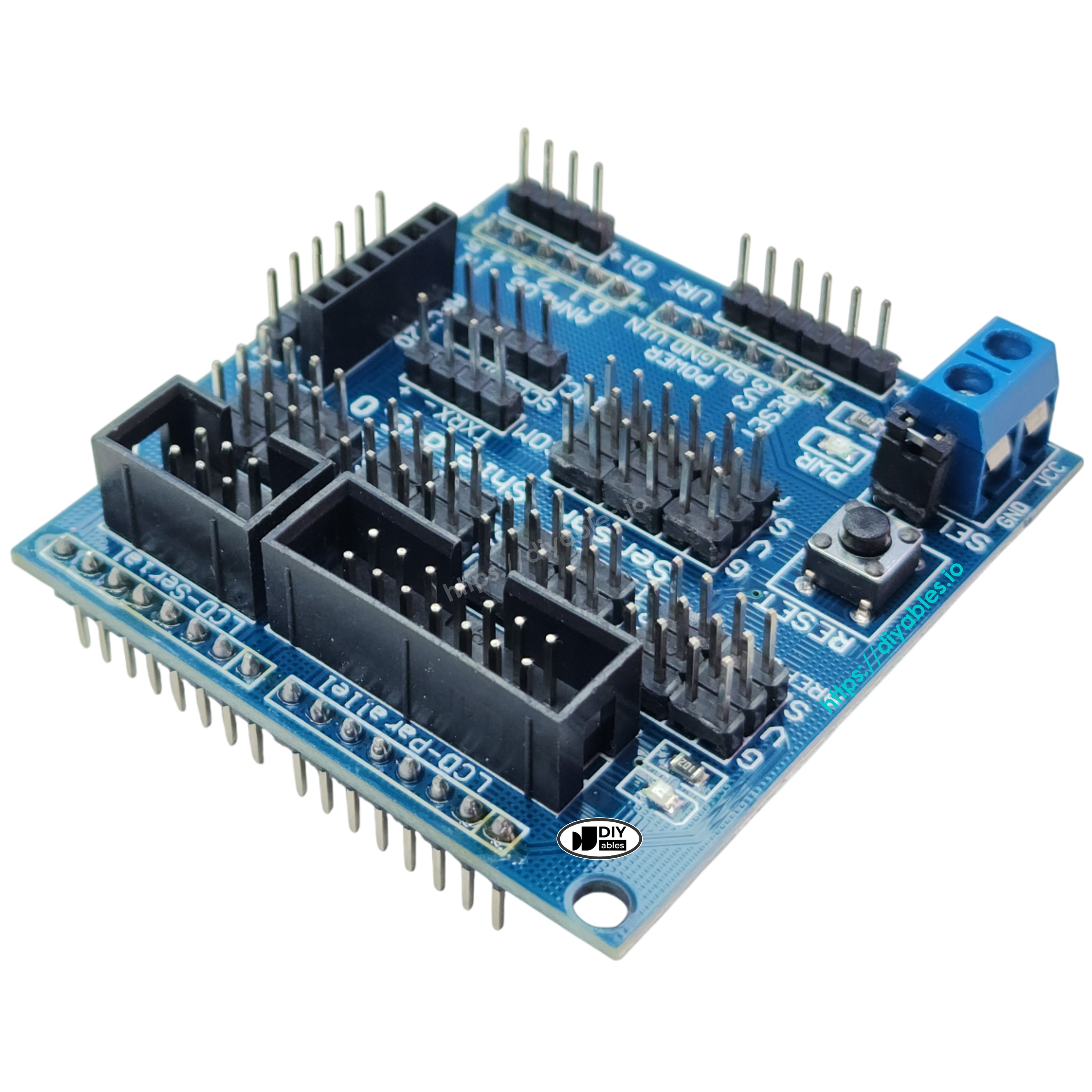 Arduino sensor shield with servo connections relay modules and button interfaces