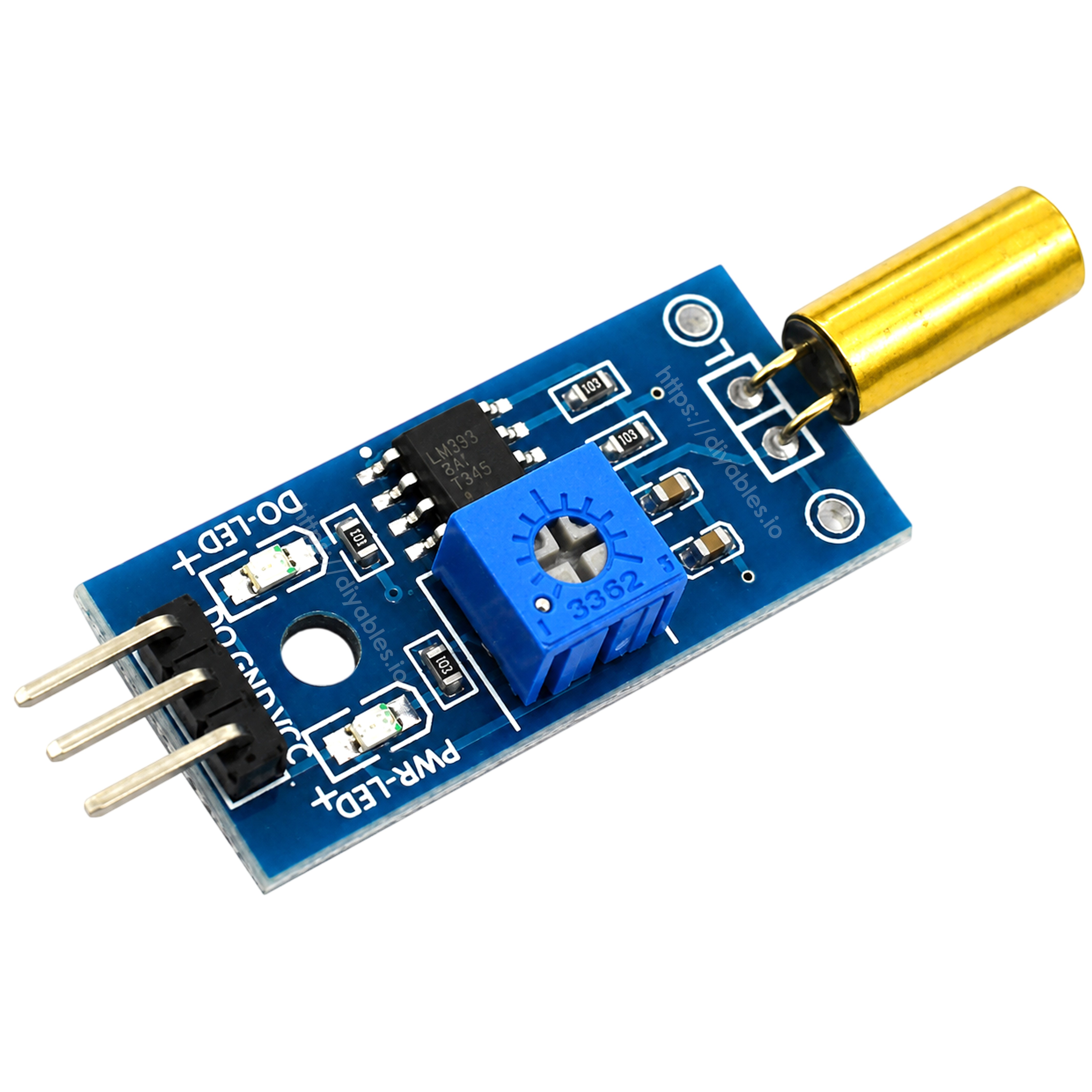 SW520D tilt sensor module with adjustable sensitivity potentiometer and indicator LEDs