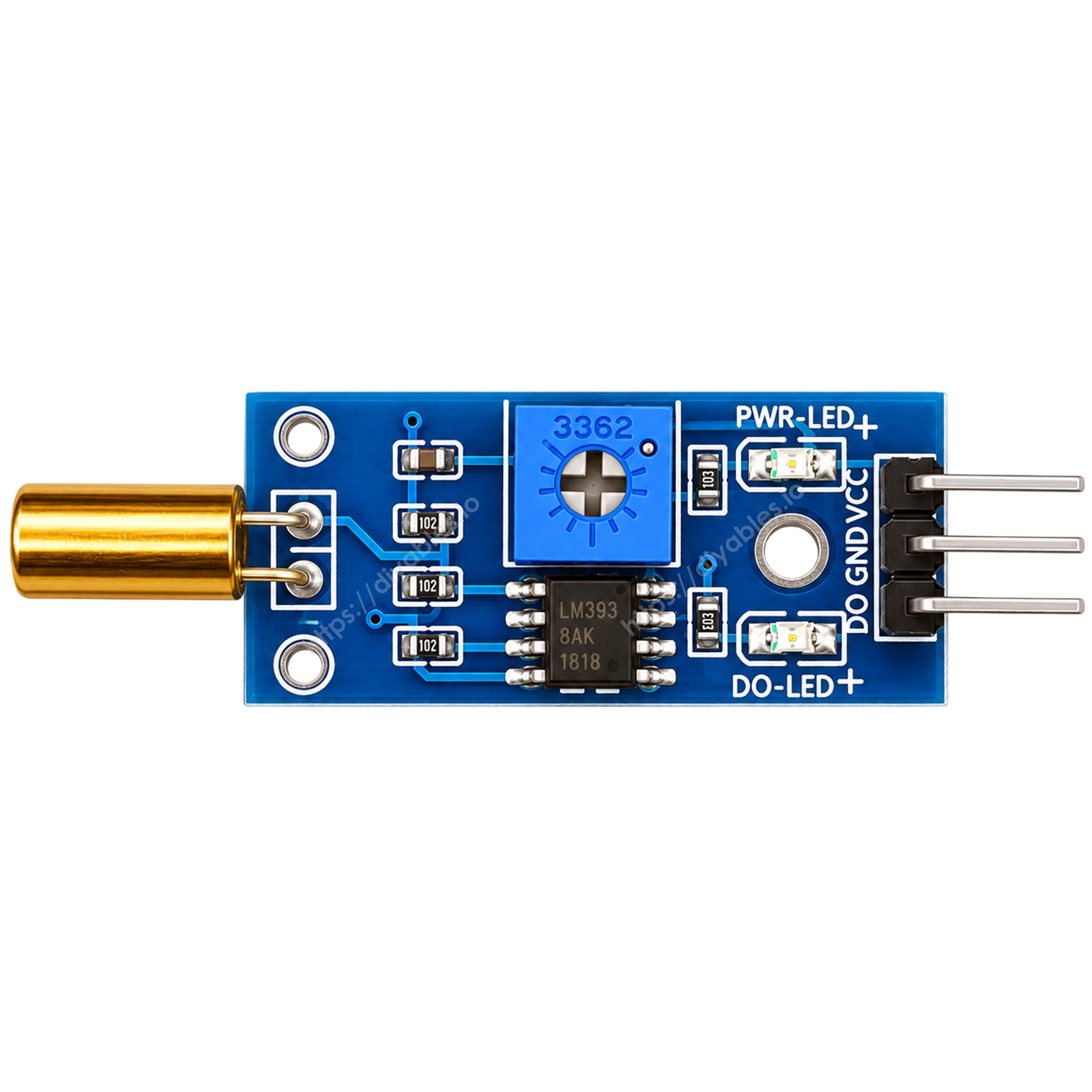 DIYables SW520D ball switch tilt sensor module showing digital output and mounting holes