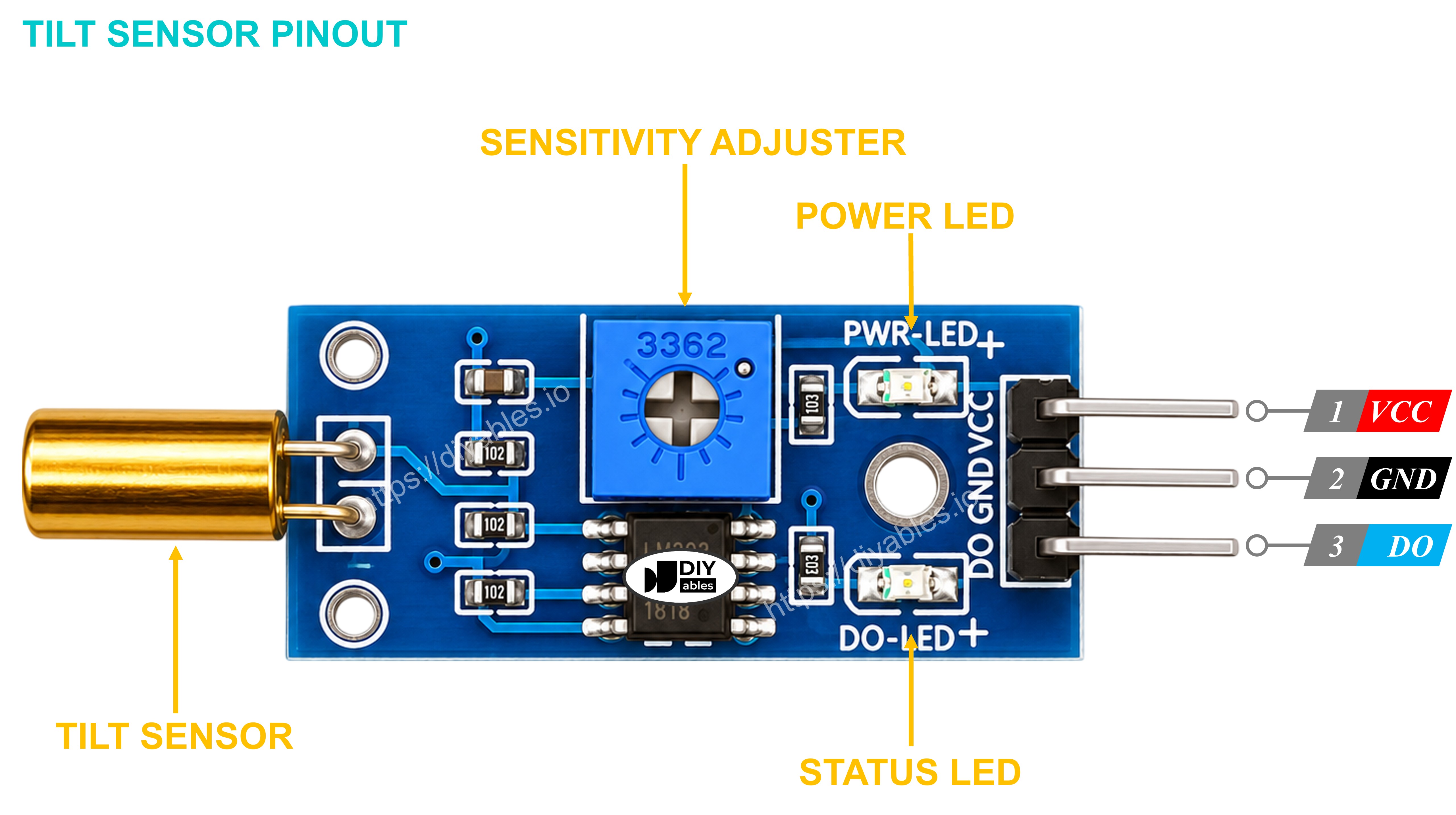SW520D tilt sensor module pinout diagram showing VCC GND and digital output pins