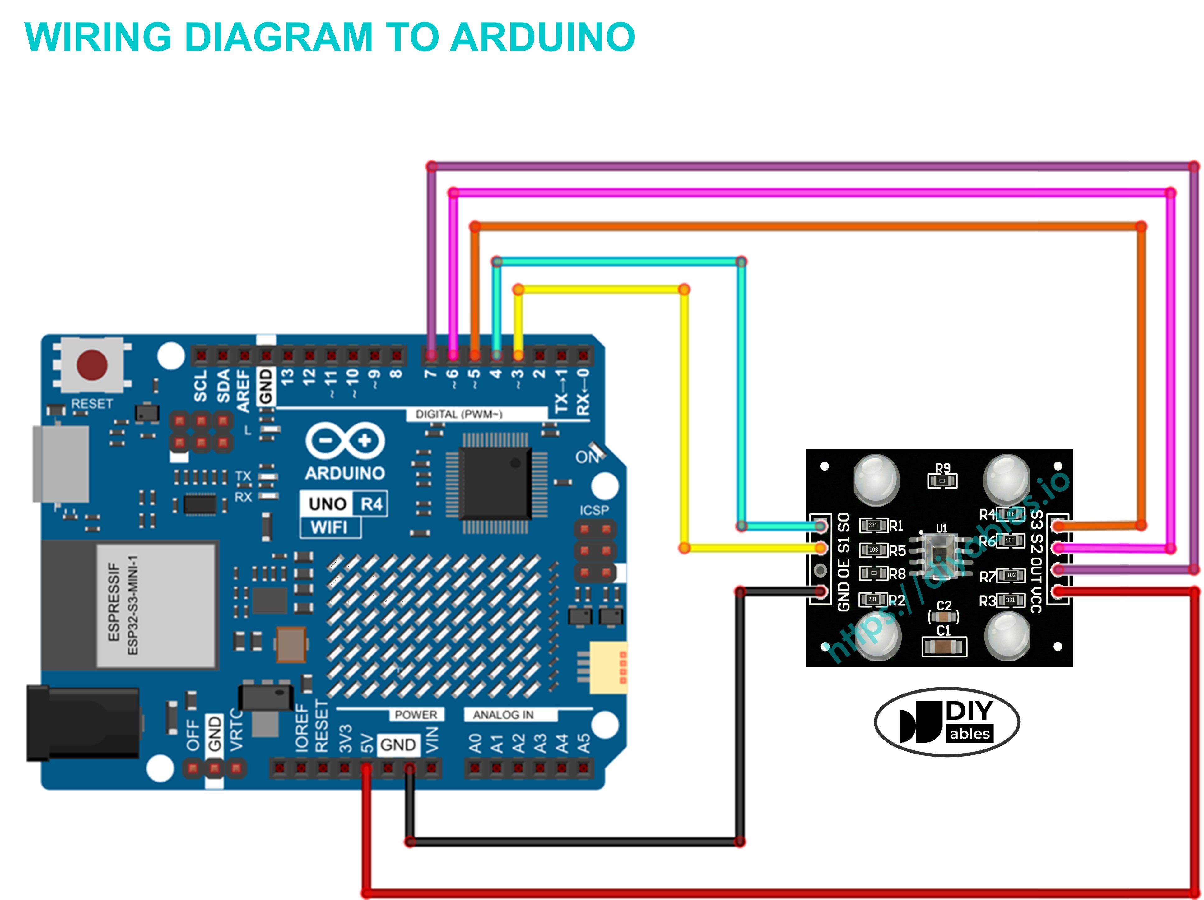 TCS3200D Color Sensor wiring diagram with Arduino UNO board connection