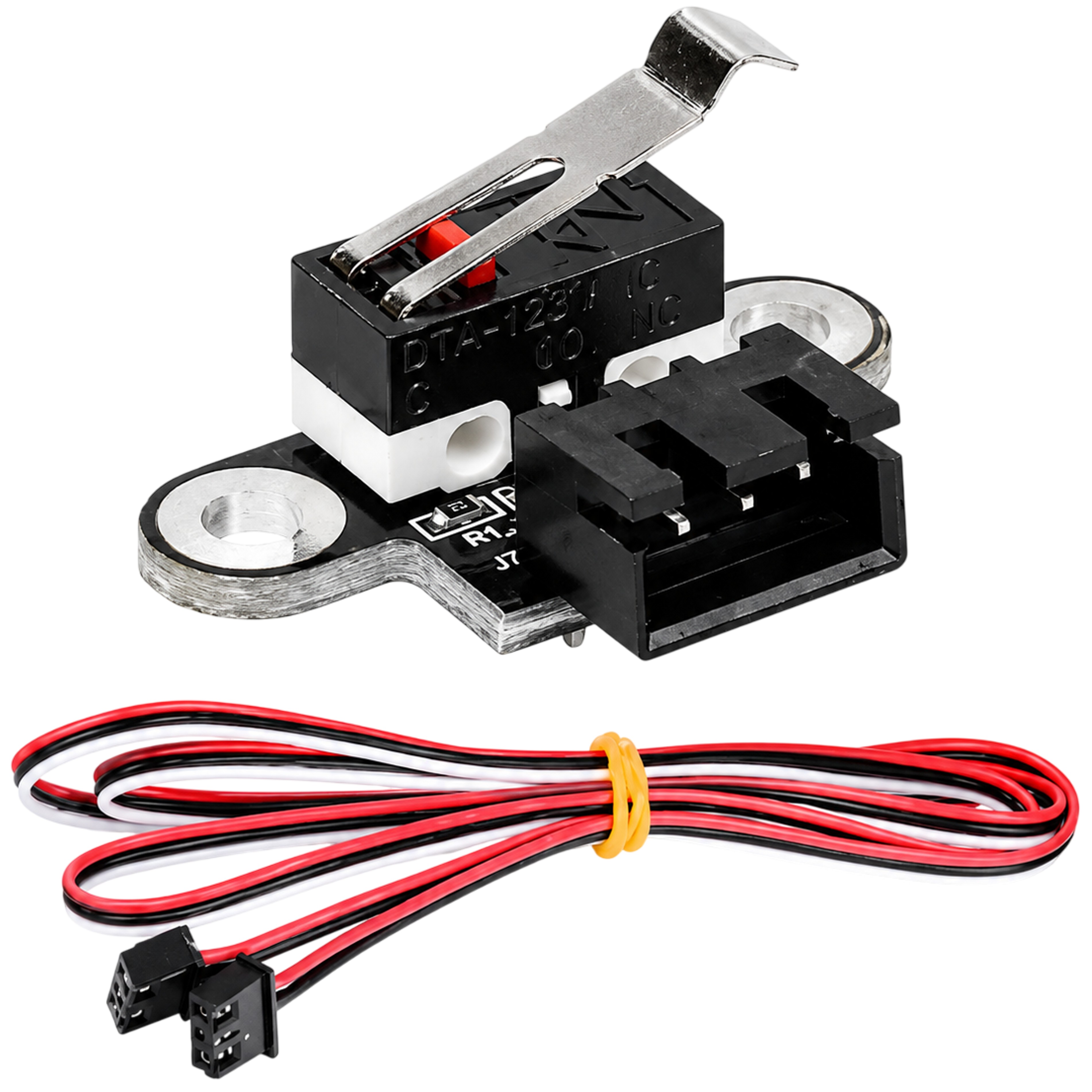 Vertical mechanical limit switch module pinout diagram showing VCC GND signal pins