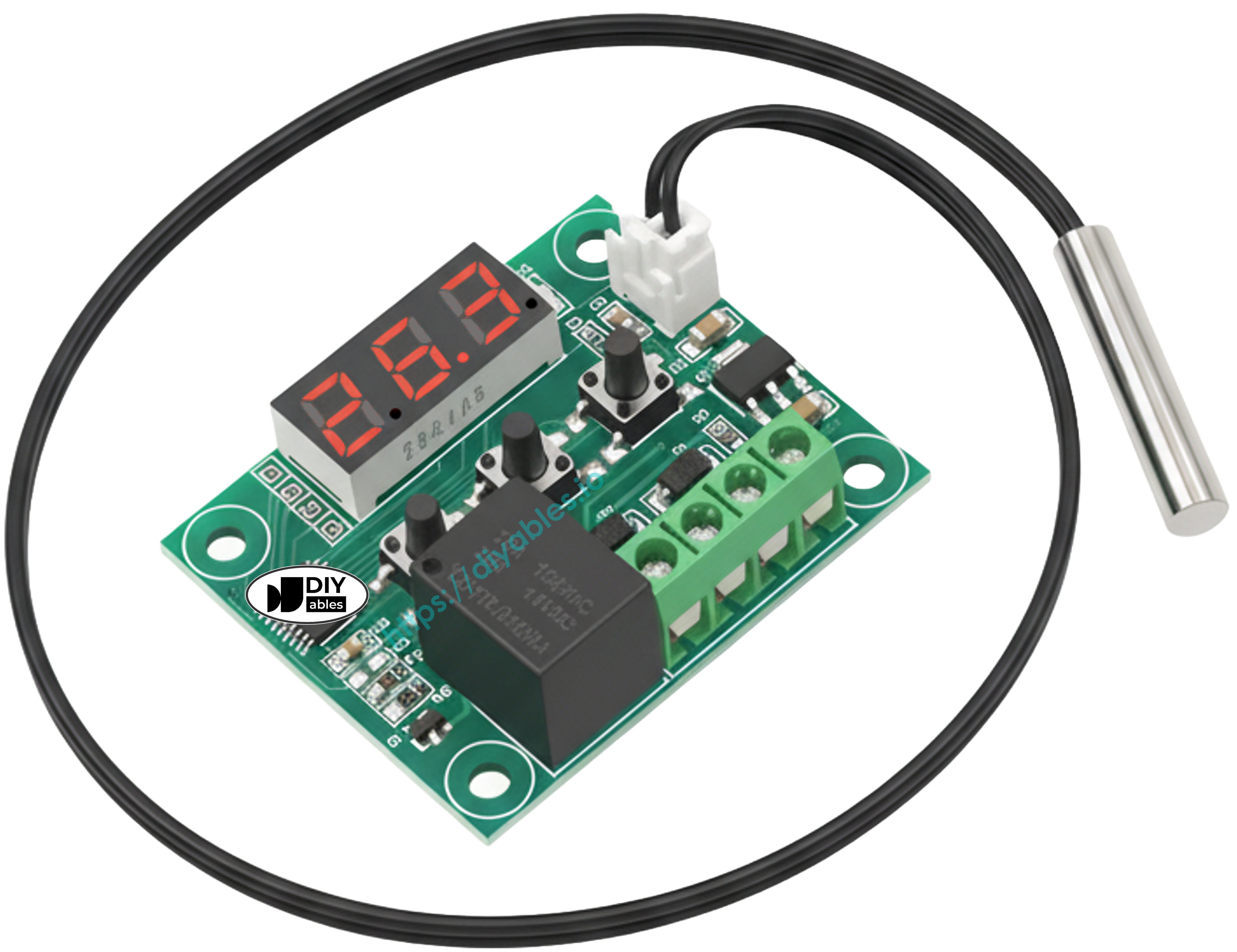 DIYables XH-W1209 digital thermostat board with red LED display and waterproof NTC probe
