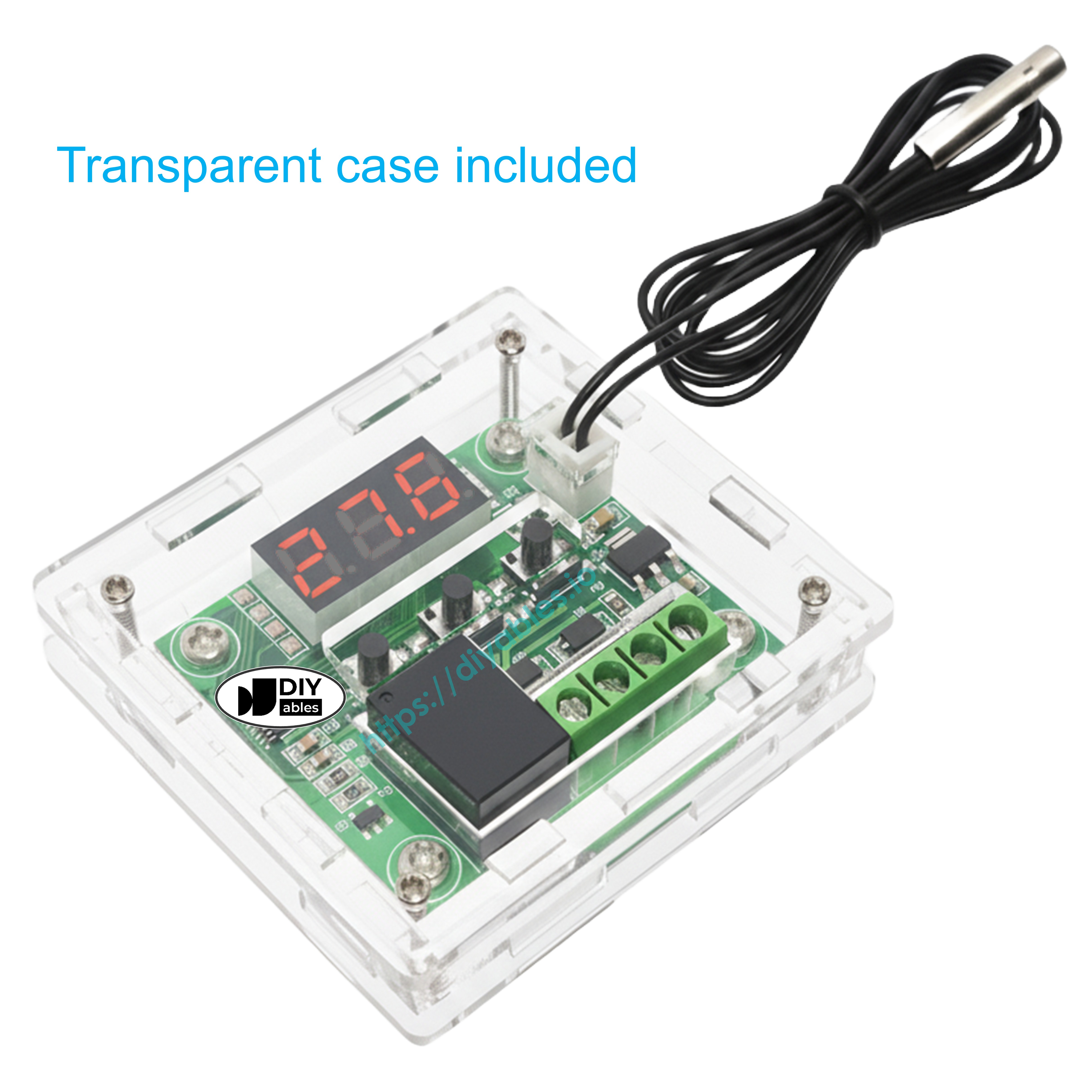 XH-W1209 thermostat mounted in the included transparent acrylic protective case