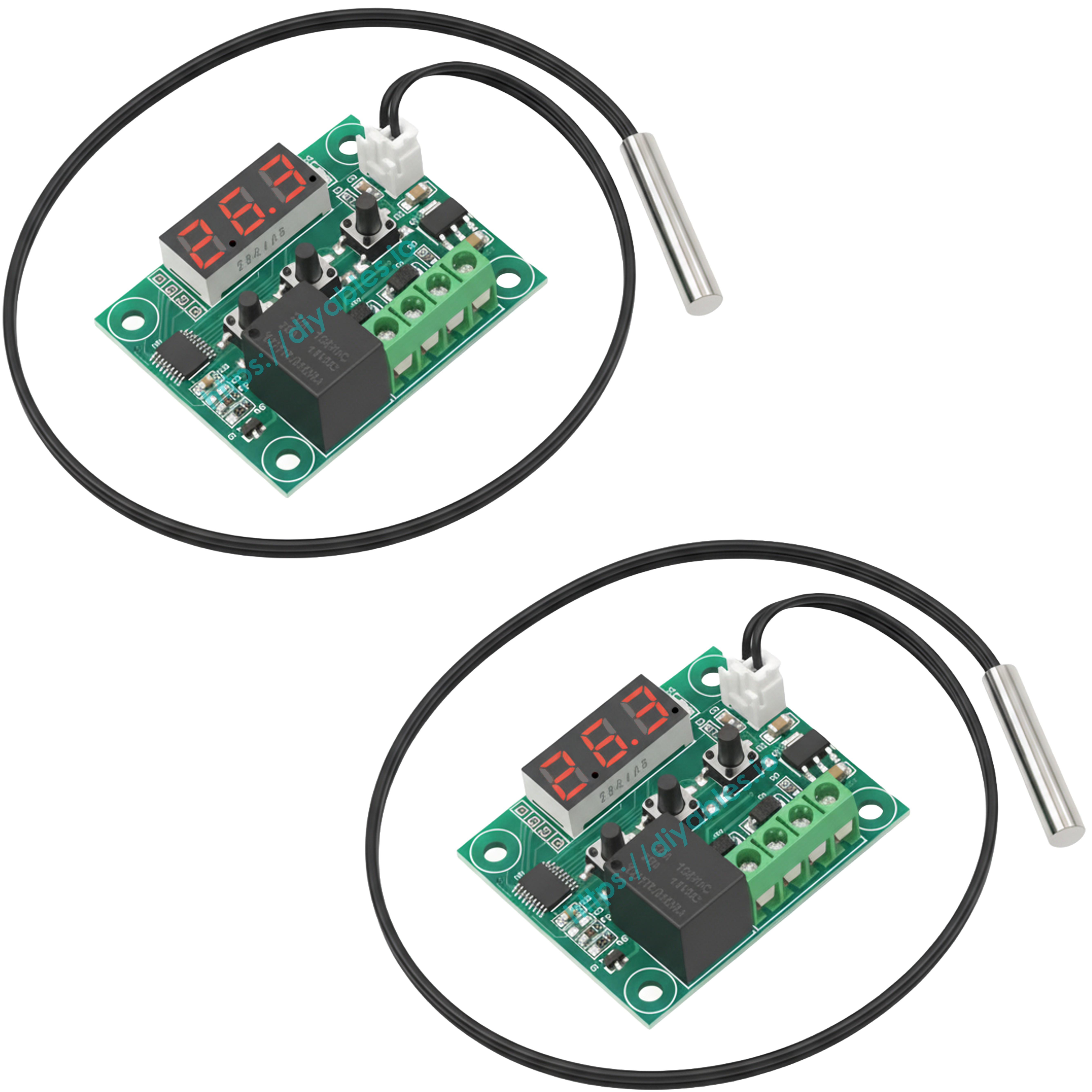 Two complete XH-W1209 thermostat sets with probes included in the 2 pack