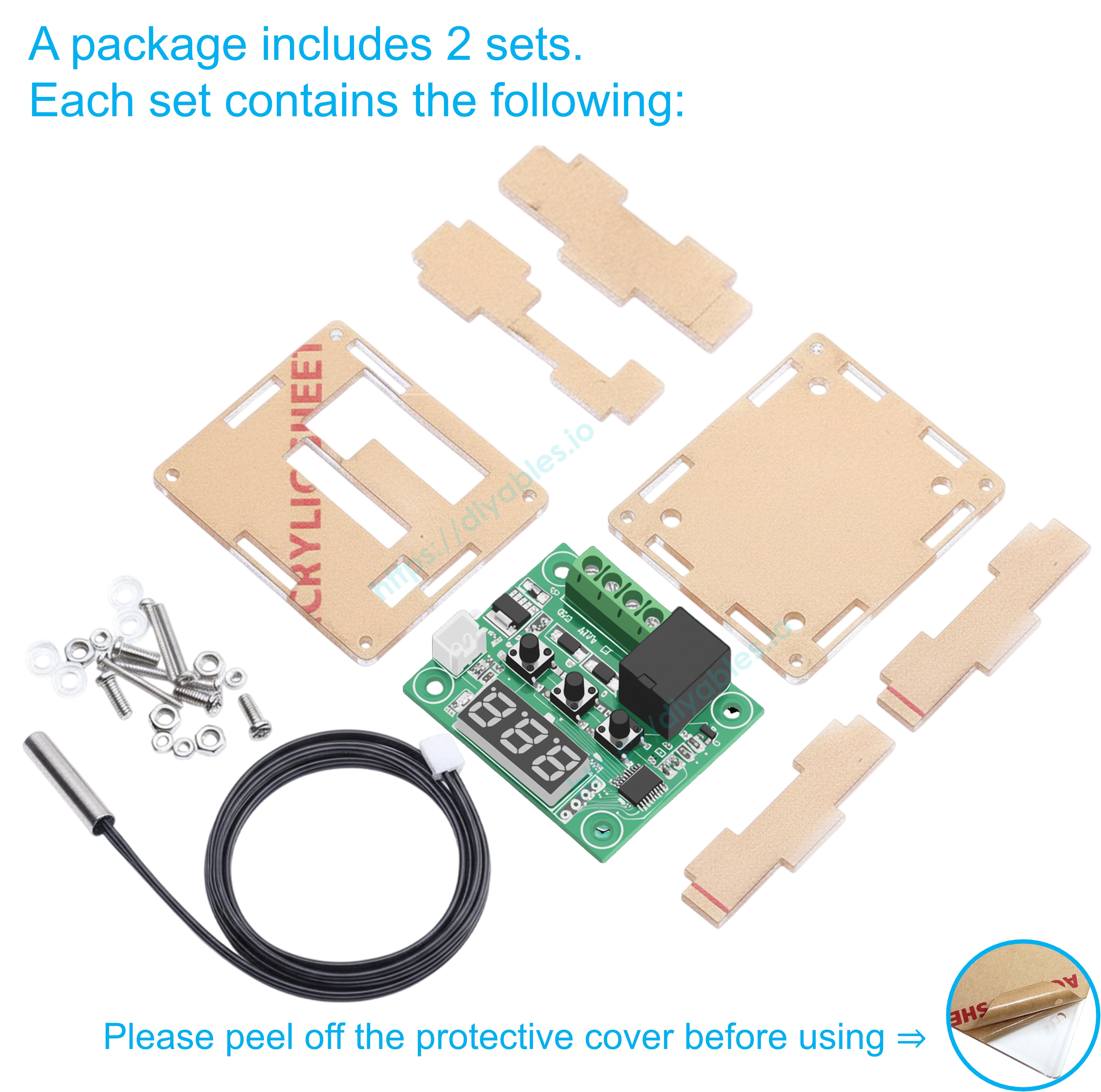 Exploded view of one set showing board, NTC probe, acrylic panels and mounting screws