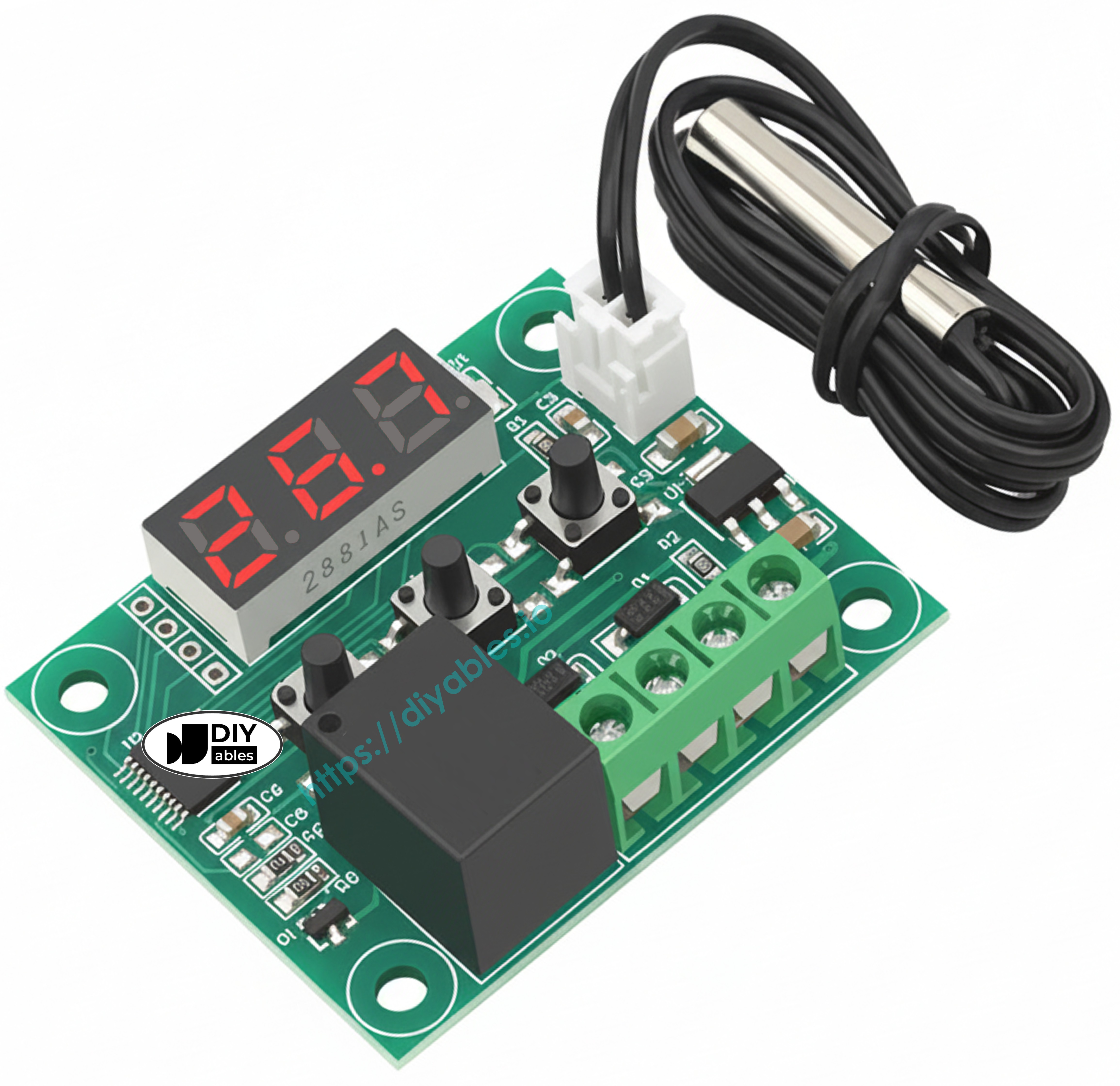 XH-W1209 temperature controller board with coiled NTC sensor cable and screw terminals